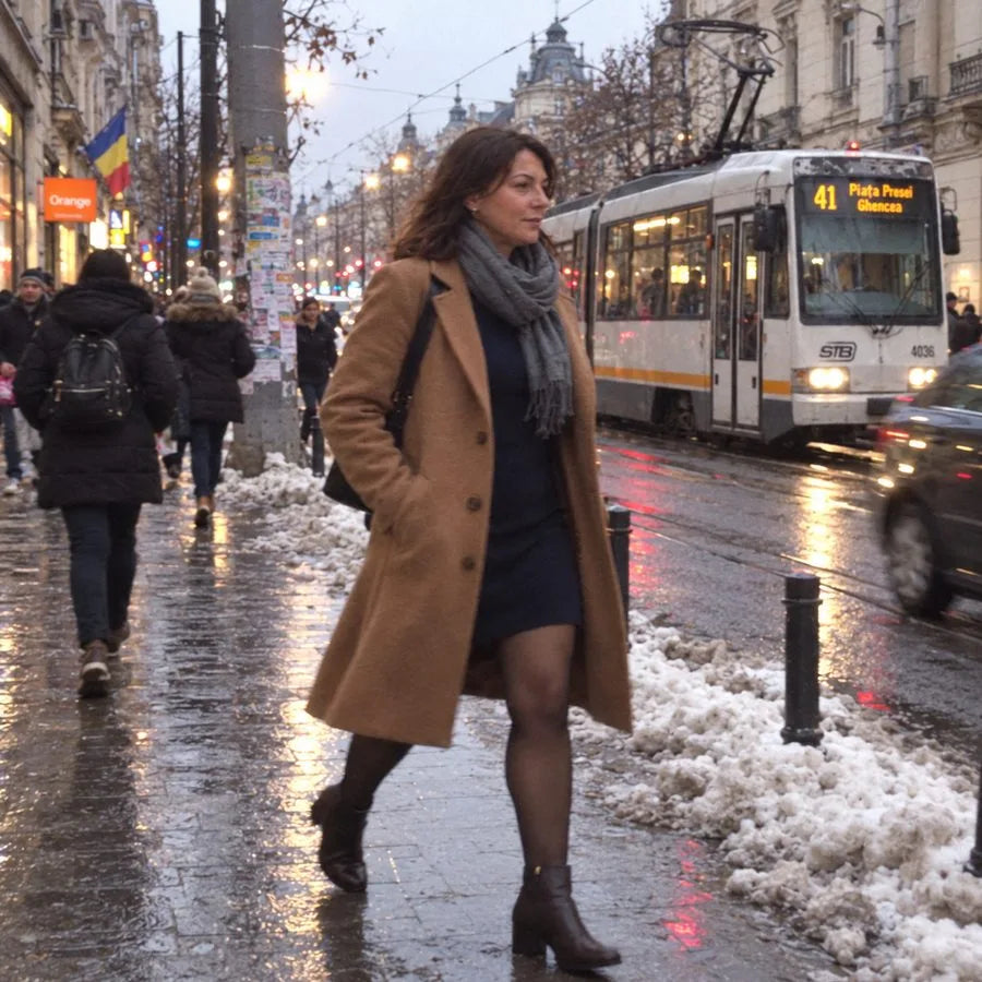 Femeie în rochie și colanți îmblăniți, afară, iarna